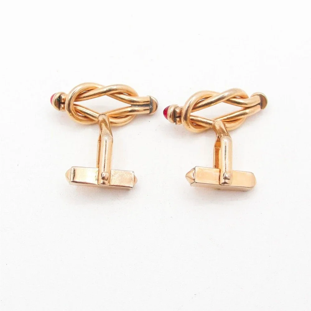 Vintage SWANK Infinity Eternity Love Knot Cufflinks Red Glass Cabochon Art Deco